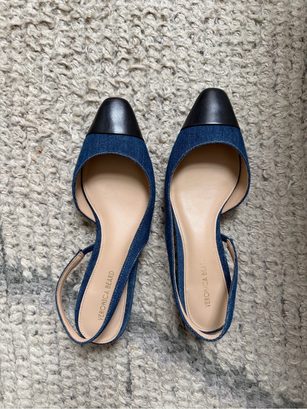 Veronica Beard Blue Denim Slingback Flats with Black Cap Toe